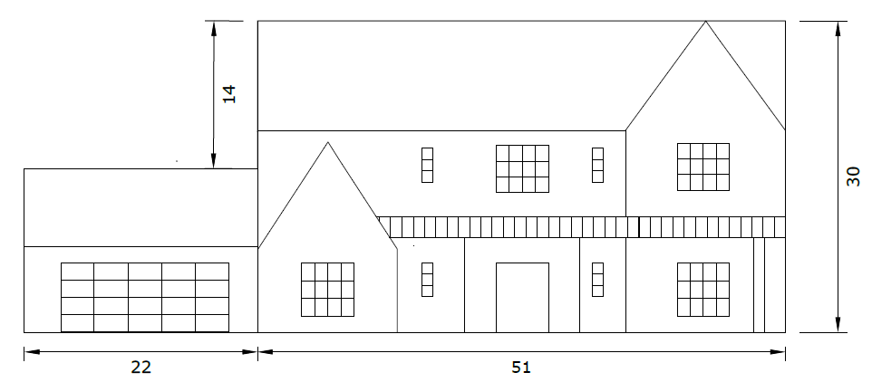 New front elevation - 51' main mass, 22' garage wing, 30' to ridge