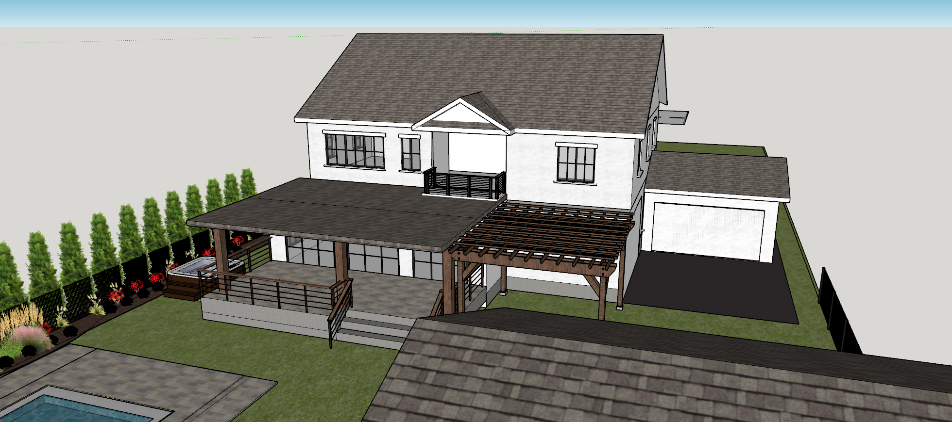 3D view from the backyard - covered deck, pergola, hot tub and pool terrace