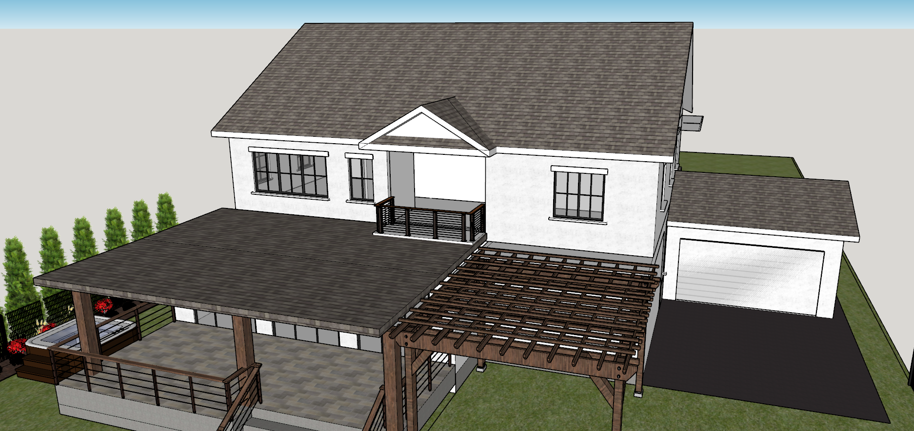 Rear elevation, straight-on 3D view