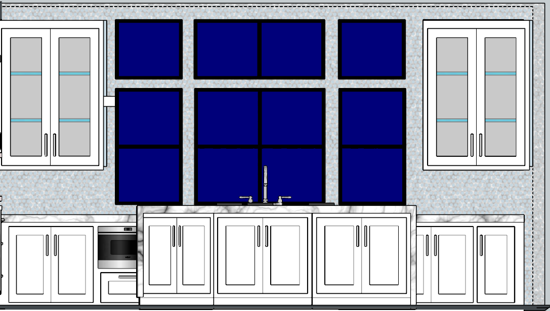 Kitchen elevation - sink wall, stone counter and nine-panel window bank
