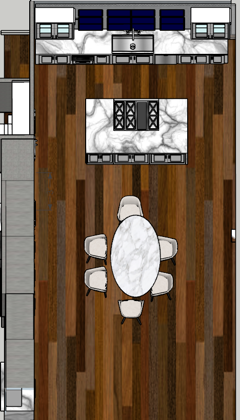 Kitchen plan - range island, perimeter run and round dining table