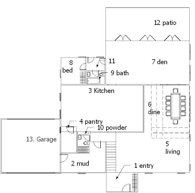 Earlier scheme - first-floor layout, thirteen numbered spaces from entry to garage