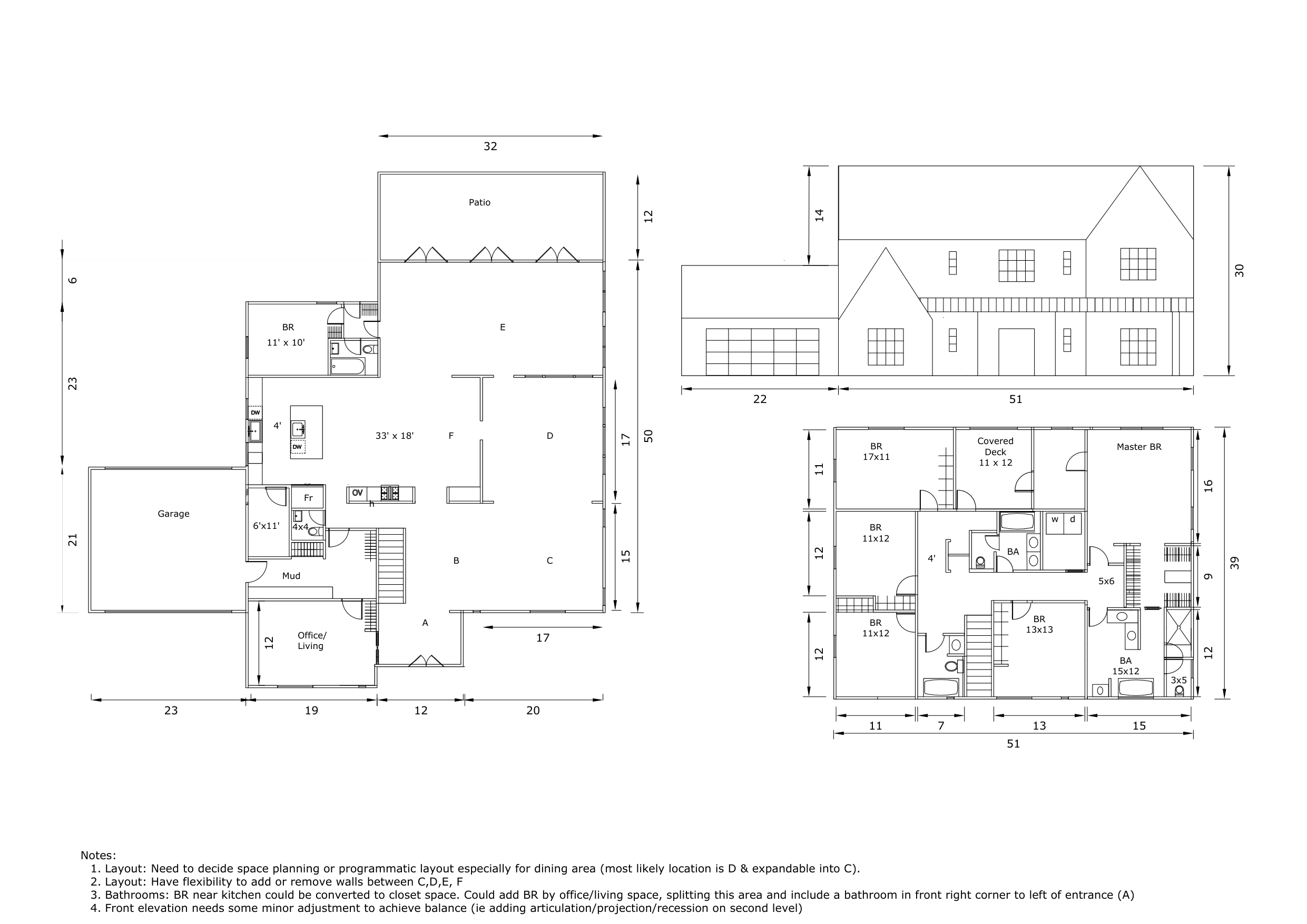Sheet 1 - dimensioned first- and second-floor plans and front elevation, with the four open questions